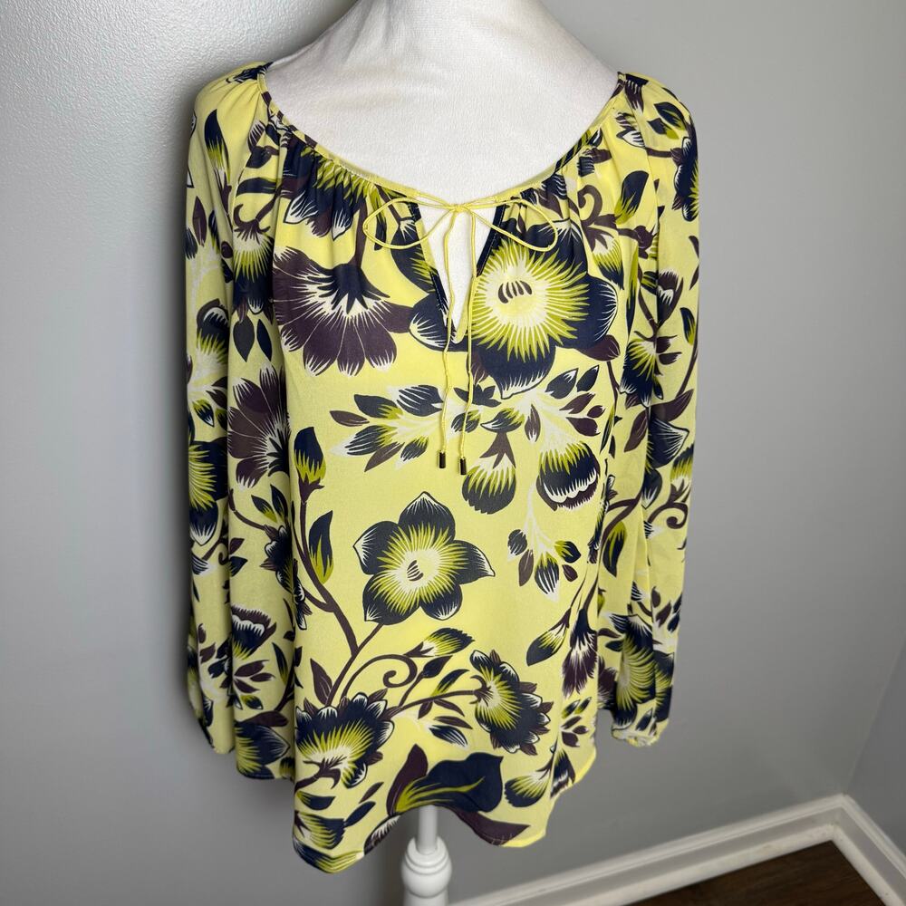Ann Taylor LARGE sheer yellow floral long sleeve blouse